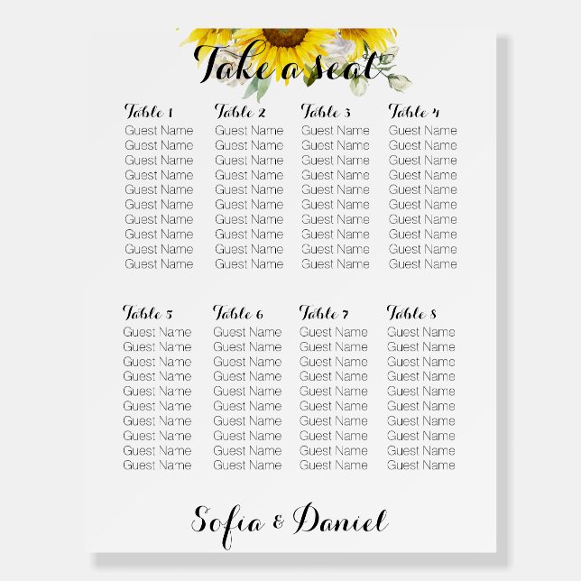 Sunflower white rose wedding Seating Chart Foam Board (Front)