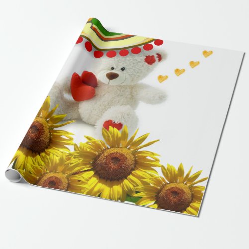 Sunflower White Teddy Bear Matte Wrapping Paper