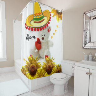 Sunflower White Teddy Bear Shower Curtain