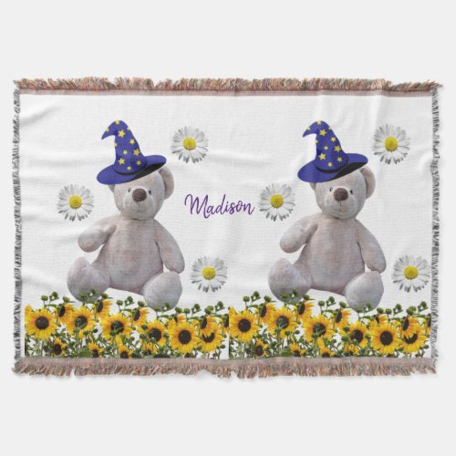 Sunflower White Teddy Bear Throw Blanket