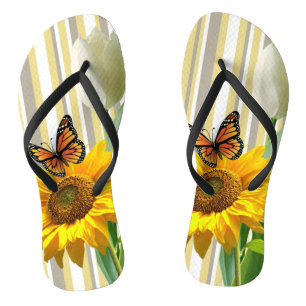 Sunflower White Tulip Butterfly Flip Flops