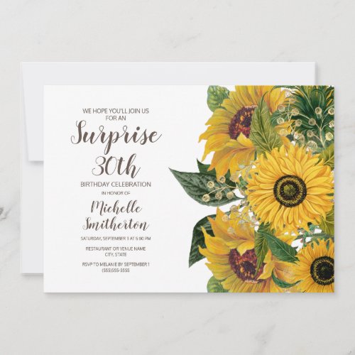 Sunflower White Yellow Surprise 30th Birthday Invitation