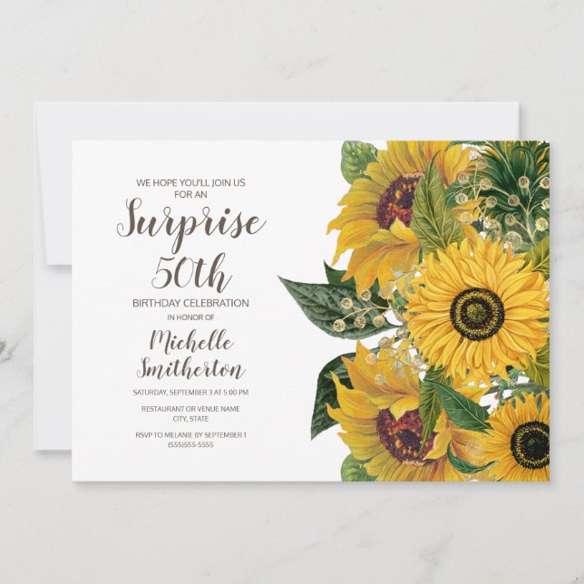 Sunflower White Yellow Surprise 50th Birthday Invitation (Front)