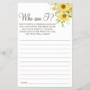 Sunflower Who I am Bridal shower game card Flyer
