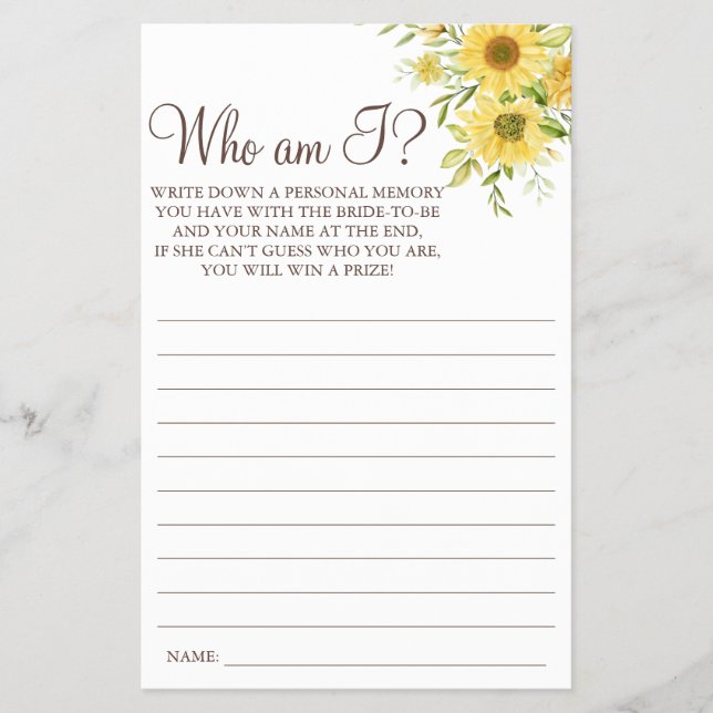 Sunflower Who I am Bridal shower game card Flyer (Front)