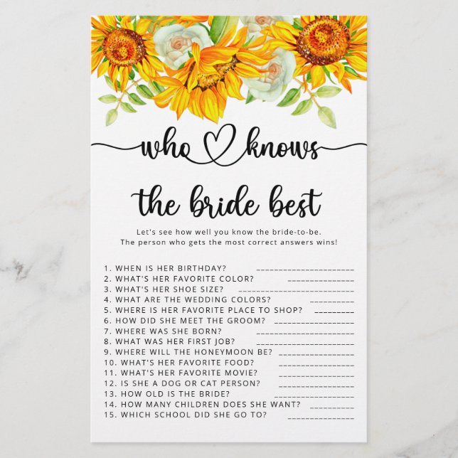 Sunflower who knows the bride best game (Front)