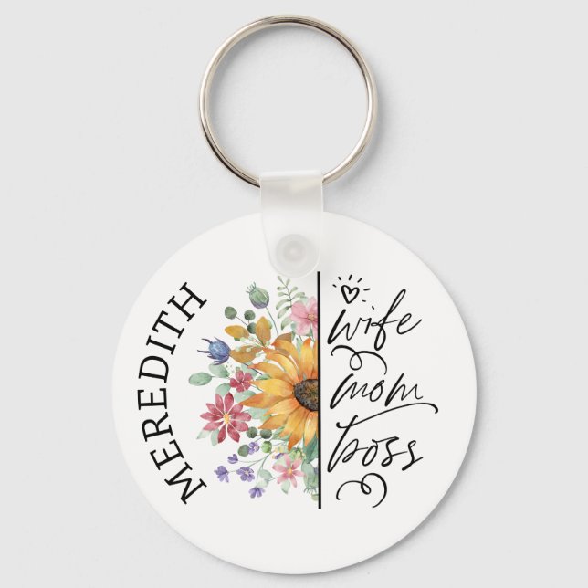 Sunflower Wife Mom Boss Customizable Keychain (Front)