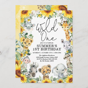 Sunflower Wild One Jungle Safari Animals Birthday Invitation
