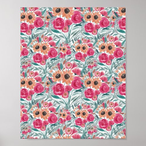 Sunflower Wildflower Watercolor Floral Pattern Poster