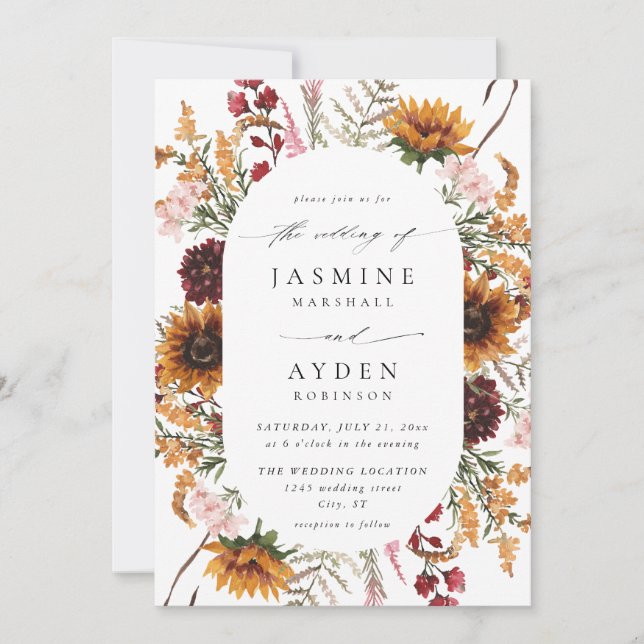 Sunflower & Wildflowers Floral Wedding 2 Invitation (Front)