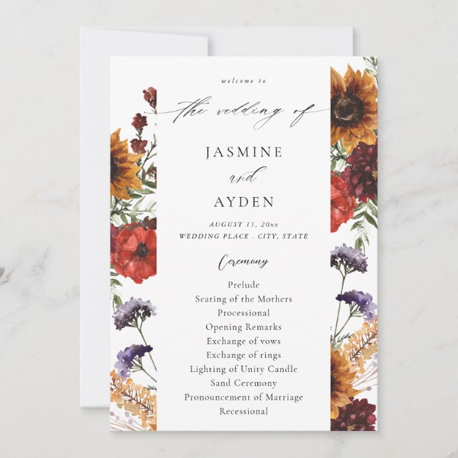 Sunflower & Wildflowers Floral Wedding Program (Front)