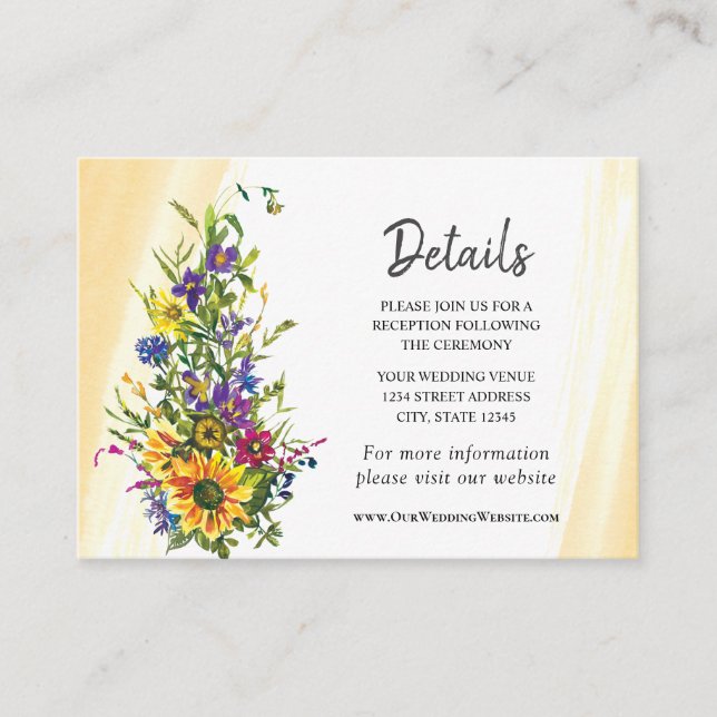 Sunflower Wildflowers Yellow Blue Greenery Wedding Enclosure Card (Front)