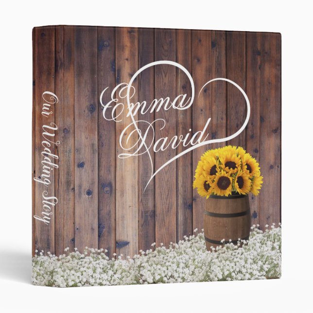 Sunflower Wine Barrel Rustic Floral Wedding Album 3 Ring Binder (Front/Spine)
