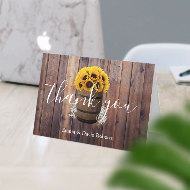 Sunflower Wine Barrel Rustic Wedding Thank You Card (Creator Uploaded)