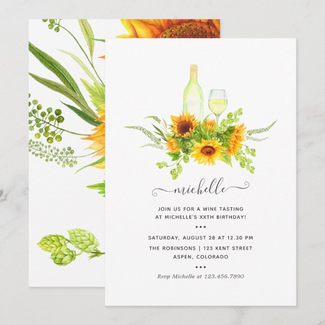 Sunflower Wine Tasting Birthday Party Invitation (Front/Back)