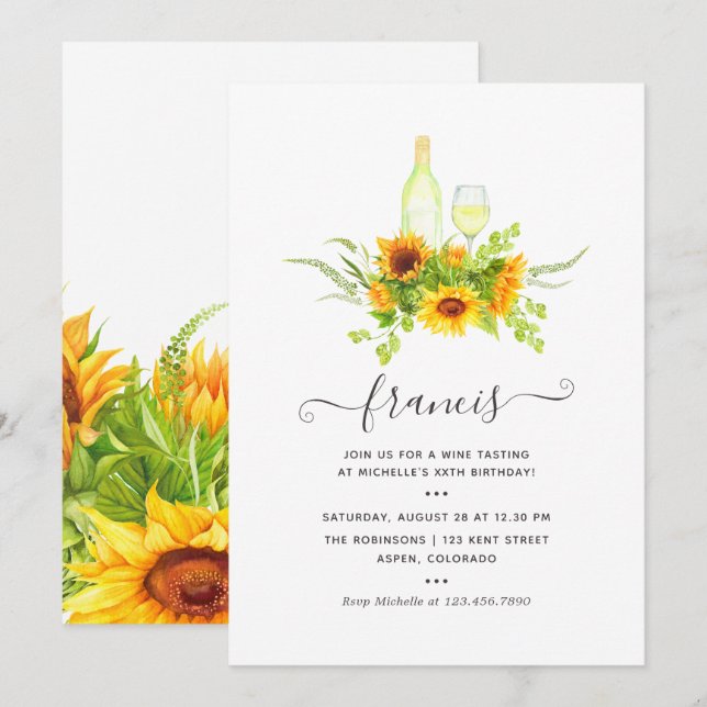 Sunflower Wine Tasting Birthday Party Invitation (Front/Back)