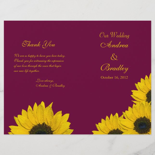 Sunflower Wine Yellow Wedding Program (Front)