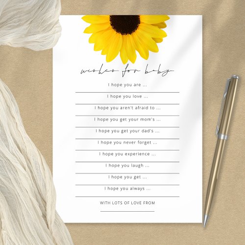 Sunflower Wishes for Baby Shower Game Card