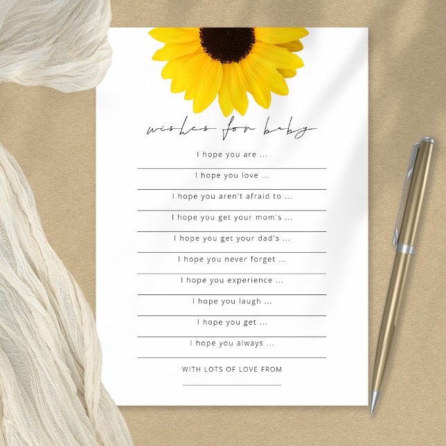 Sunflower Wishes for Baby Shower Game Card (printable or printed)