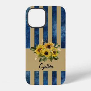 Sunflower with Antique Blue and Gold Stripes iPhone 12 Case