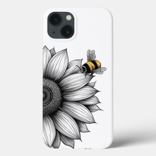 Sunflower with Bee Black and White iphone 13 Case