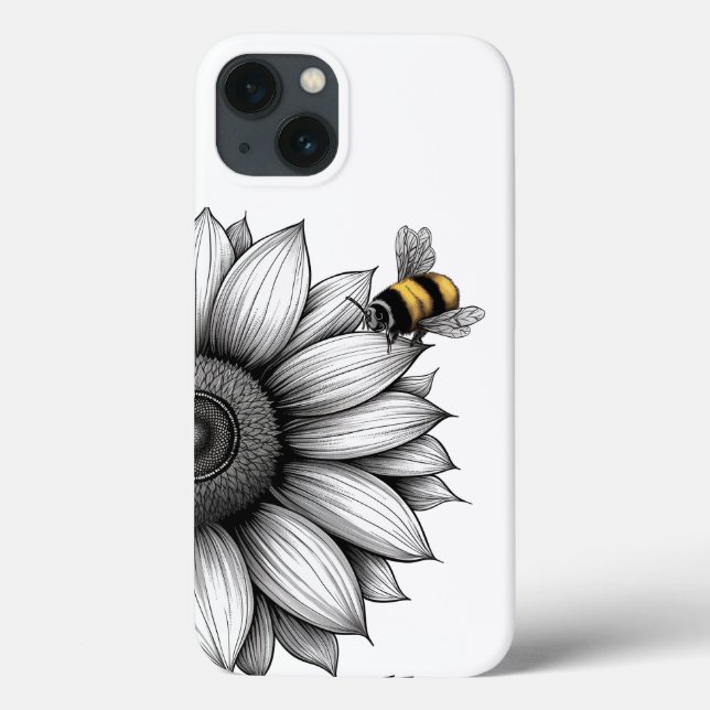 Sunflower with Bee Black and White iphone 13 Case (Back)