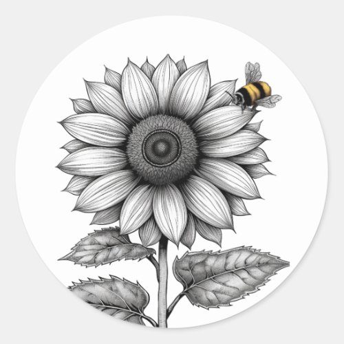 Sunflower with Bee Black and White Sticker Seal