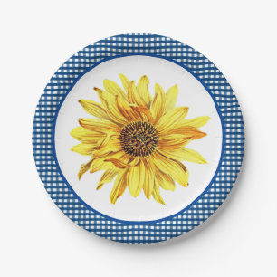 Sunflower with Blue Gingham Border / Country Style Paper Plates