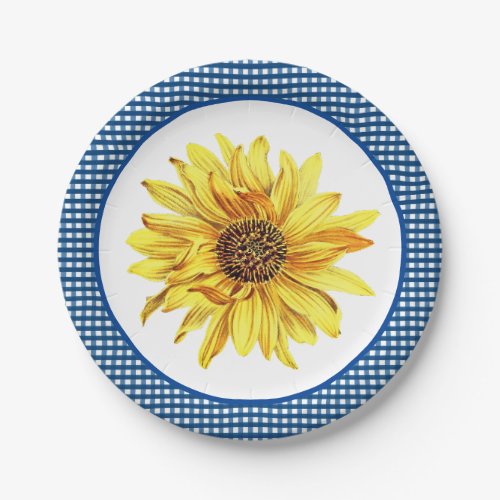 Sunflower with Blue Gingham Border  Country Style Paper Plates