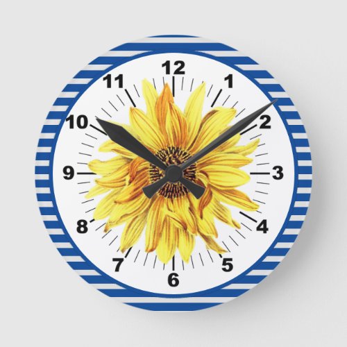 Sunflower with Blue Stripes Round Clock