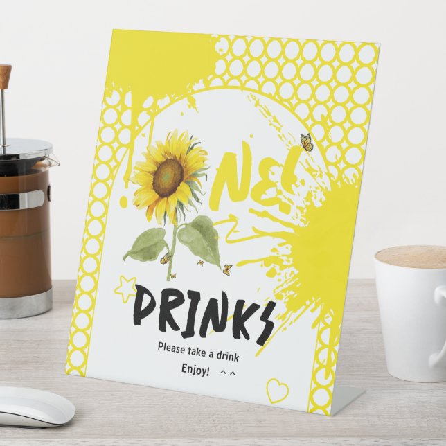 Sunflower with Butterflies 1st Birthday Drinks Pedestal Sign (In SItu)