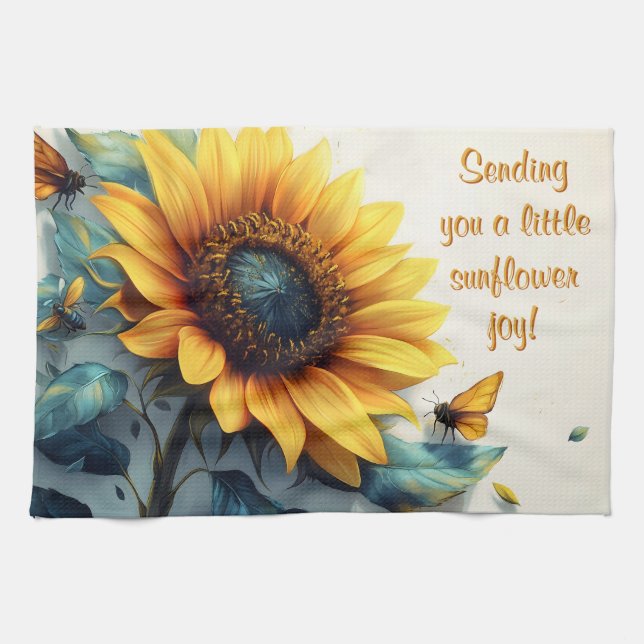 Sunflower with Butterflies with Customizable Text Kitchen Towel (Horizontal)