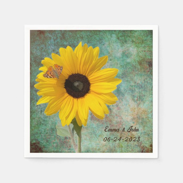 Sunflower with Butterfly Wedding Cocktail Napkins (Front)