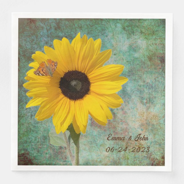 Sunflower with Butterfly Wedding Dinner Paper Dinner Napkins (Front)