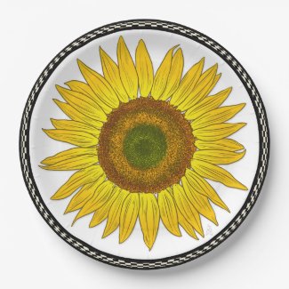Sunflower with Checkerboard Rim Paper Plate