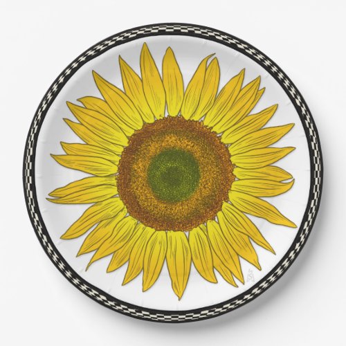Sunflower with Checkerboard Rim Paper Plate