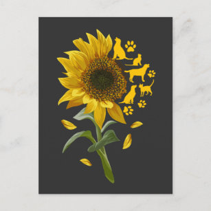 Sunflower with Dog and Cat Paw Feline Puppy Art Postcard