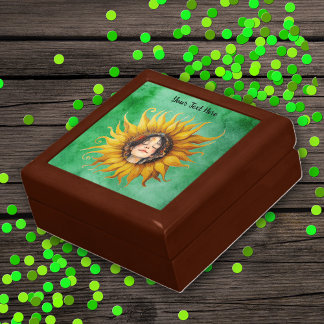 Sunflower with Girl's Face on Shades of Green Gift Box