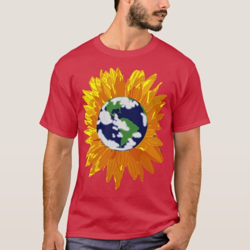 Sunflower with Green and Blue Planet Earth Center T_Shirt