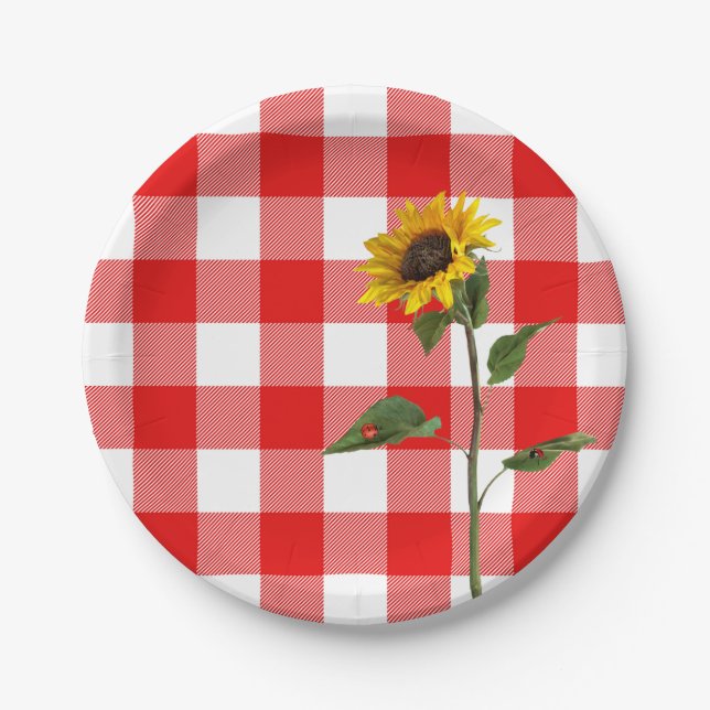 sunflower with lady bugs on checkered plaid paper plates (Front)