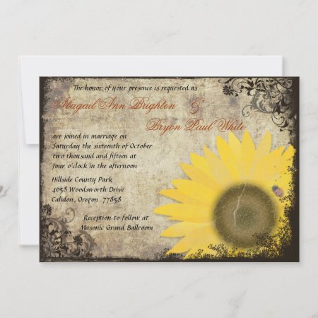 Sunflower With Ladybug Vintage Wedding Invitation