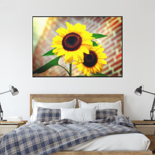 Sunflower with Leaves Matte Black Wood Frame Wall  Canvas Print