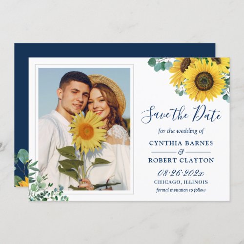 Sunflower with Navy Yellow White Photo Wedding Save The Date - Sunflower with Navy Yellow White Photo Wedding Save the Date Card. 
(1) For further customization, please click the "customize further" link and use our design tool to modify this template. 
(2) If you prefer Thicker papers / Matte Finish, you may consider to choose the Matte Paper Type.