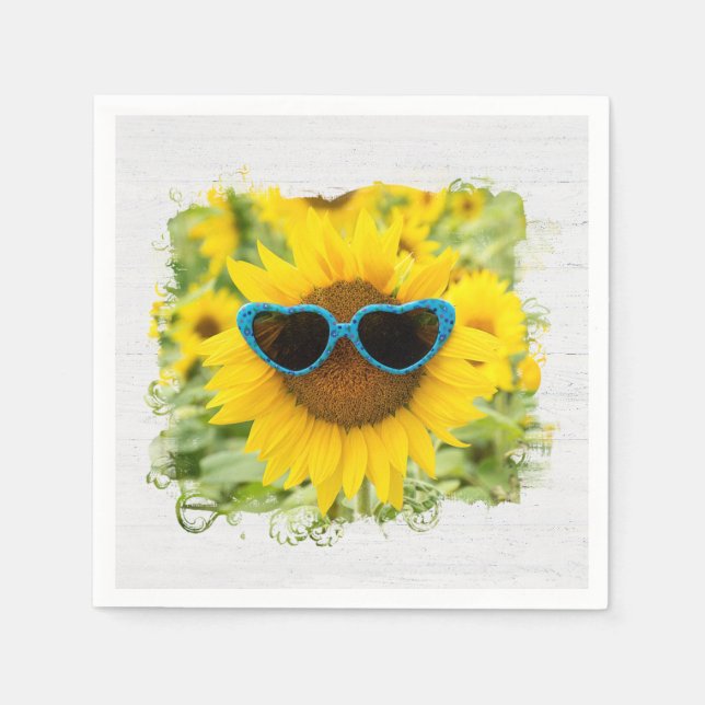 Sunflower with Sunglasses On Wood Napkins (Front)