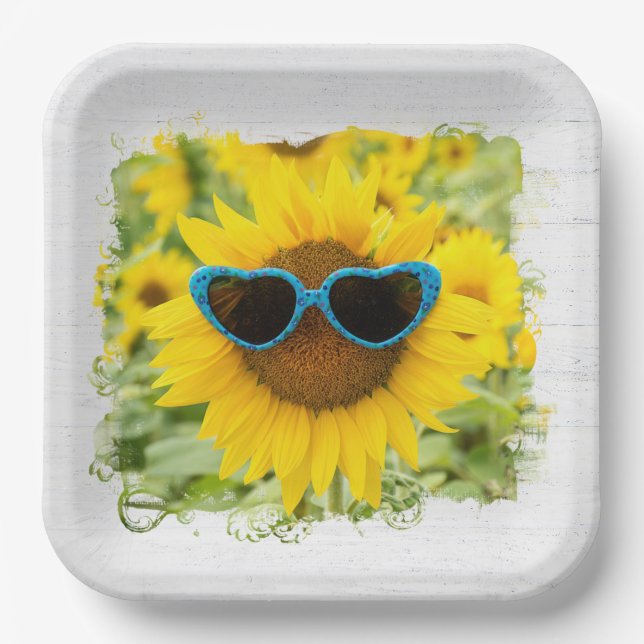Sunflower with Sunglasses On Wood  Paper Plates (Front)