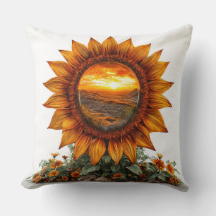 Sunflower with Sunset Scene Depicting Nature Throw Pillow