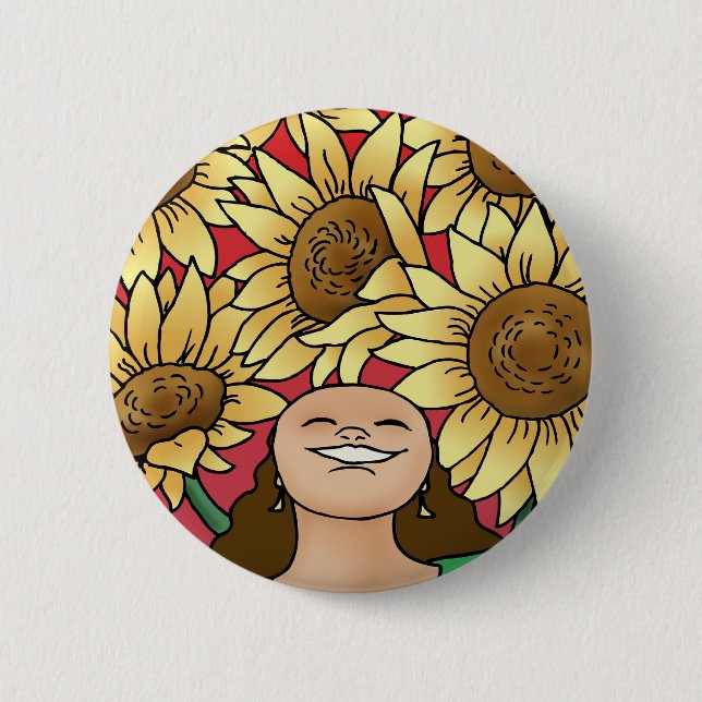 Sunflower Woman -- Bloom! Pinback Button (Front)