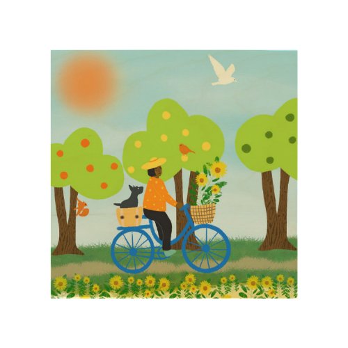 Sunflower woman with bicycle wood wall art