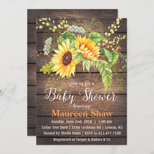 Sunflower Wood Baby Shower Invitation (Front/Back)
