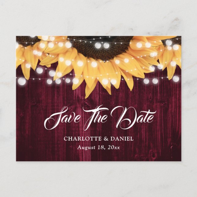 Sunflower Wood Burgundy Wedding Save The Date Announcement Postcard (Front)